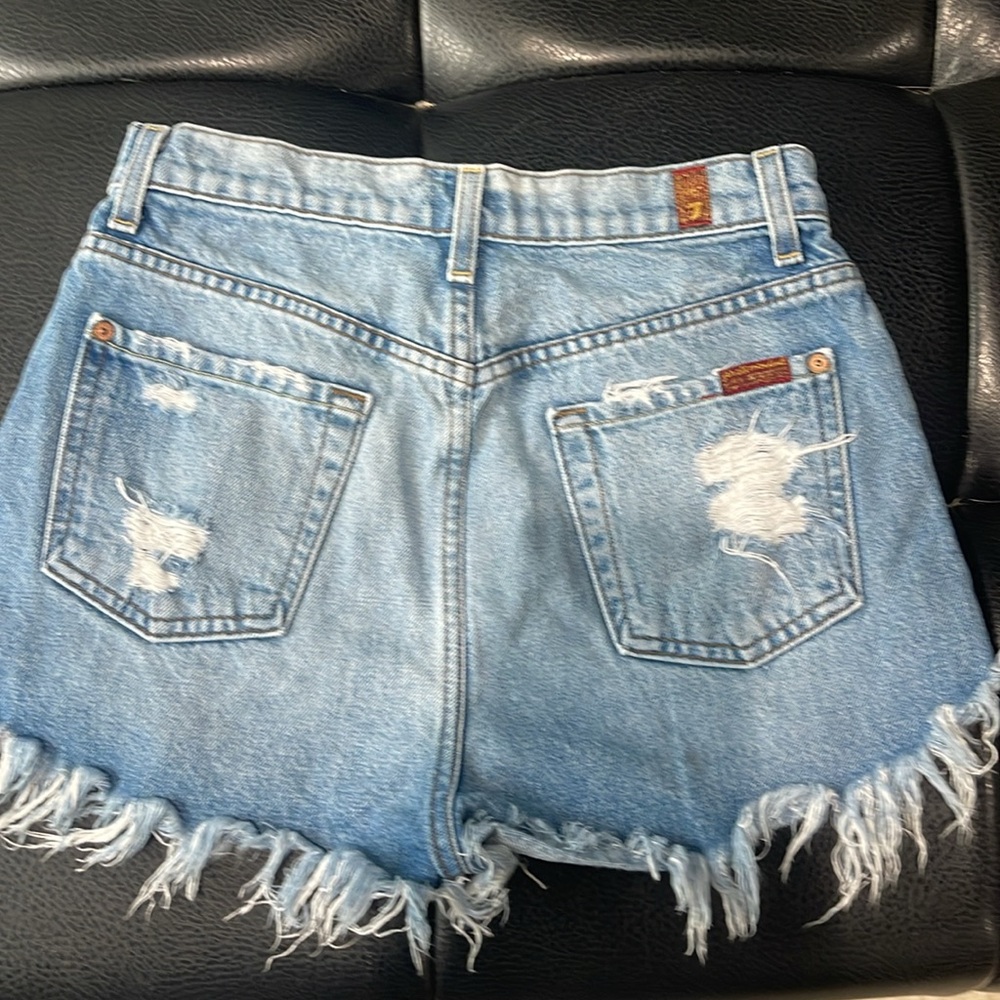 7 For All Mankind Light Blue Distressed Jean Shorts - Picture 2 of 3